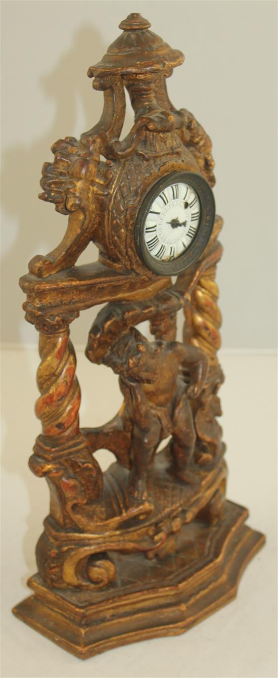 An 18th century Continental carved giltwood mantel timepiece, 15in.